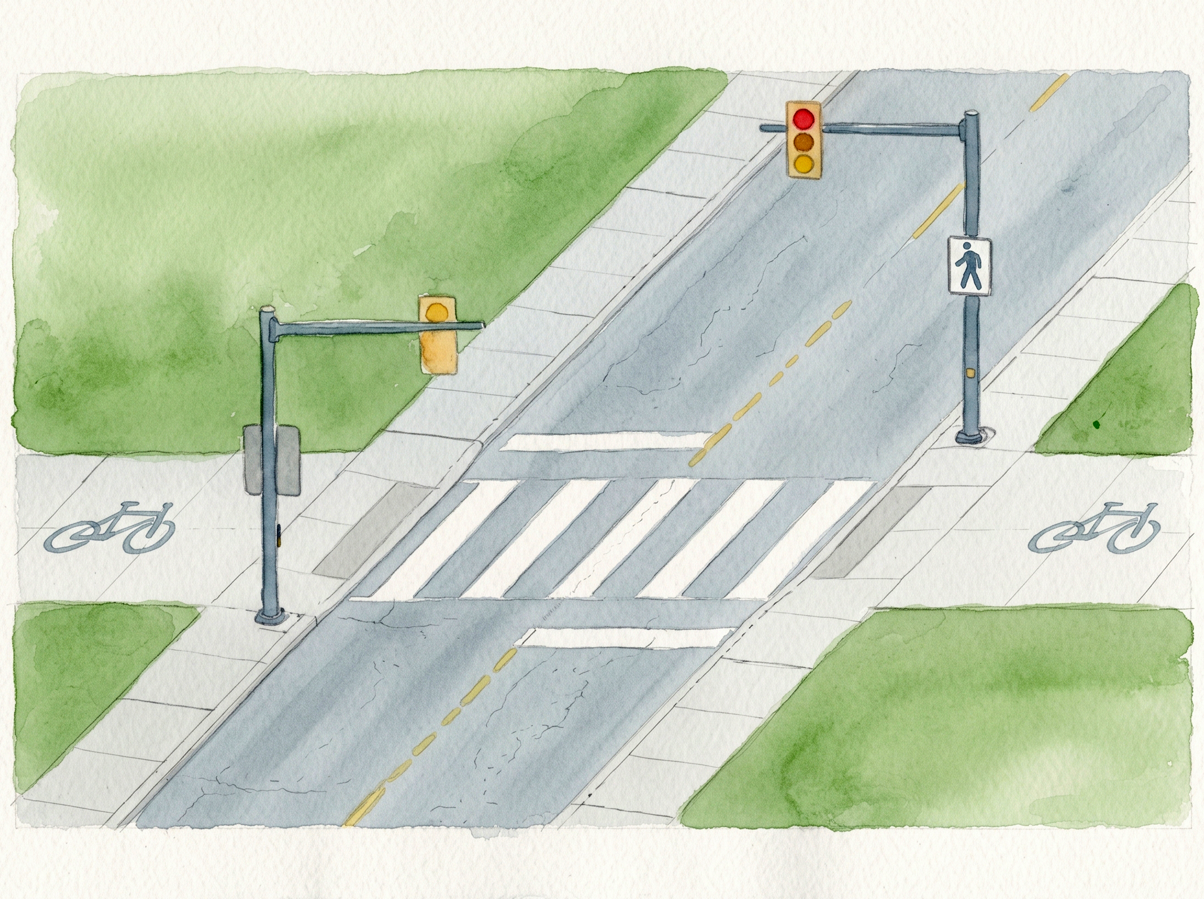 A watercolour of a signalised crossing with traffic lights and cycle markings